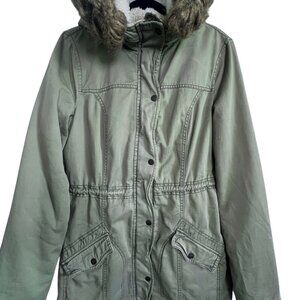 Hollister Faux Fur Hood‎ Parka Coat Womens Sz L Olive Green Cozycore Winter